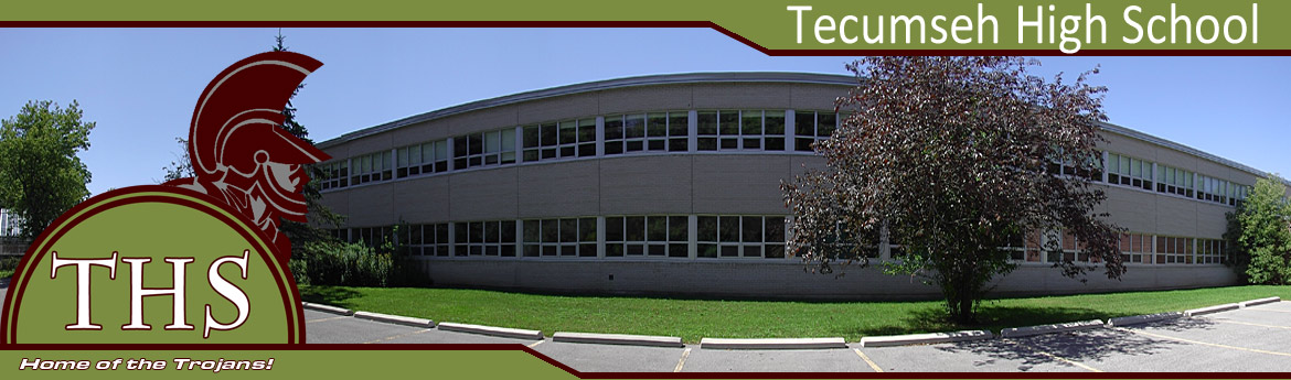 Tecumseh High School, Home of the Trojans. Picture of front of high school building